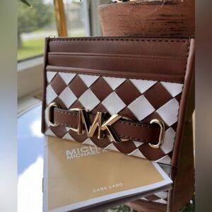 Michael Kors Reed Large MK Logo Credit Card Holder Wallet Brown NWT​